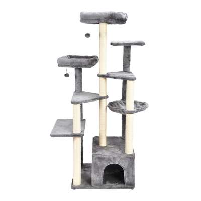 Multifunction Kitty Park Grey Fur Sisal Rope Cat Scratching Tree